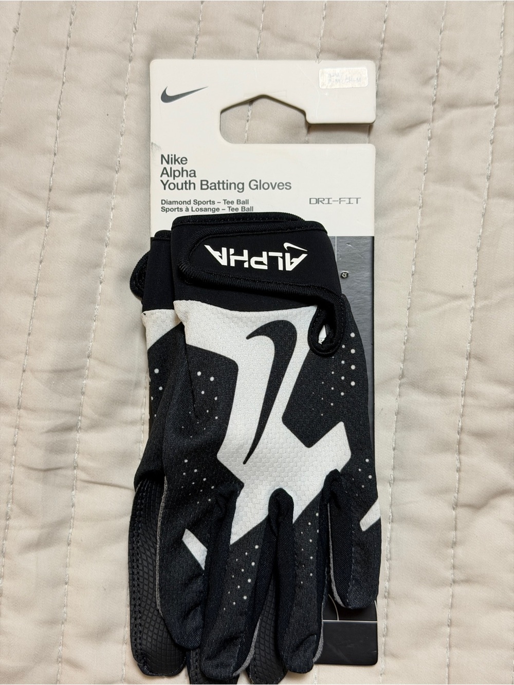 Nike Alpha Youth S/M Batting Gloves Dri-FIT Black White Tee Ball Baseball New